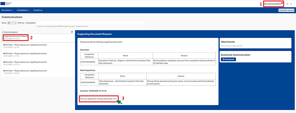 Screenshot showing steps 1–3 for uploading supporting documents in the Single Candidate Portal.