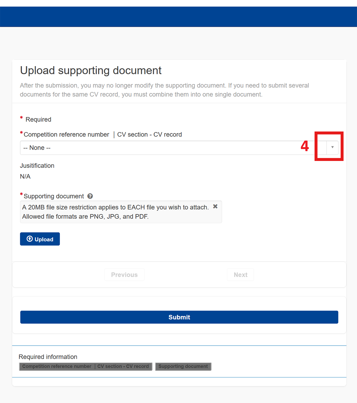  Screenshot showing step 4 for uploading supporting documents in the Single Candidate Portal.