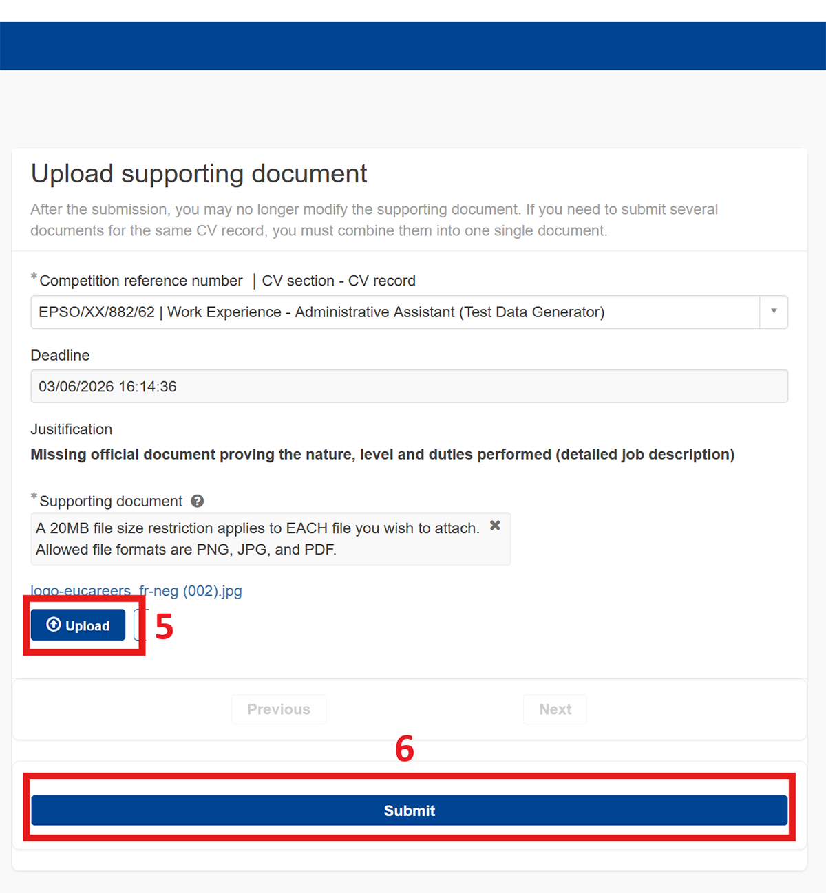 Screenshot showing steps 5-6 for uploading supporting documents in the Single Candidate Portal.