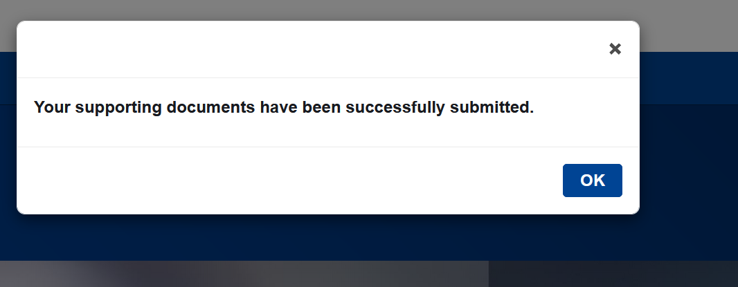 Screenshot showing the "Your supporting documents have been successfully submitted" message.
