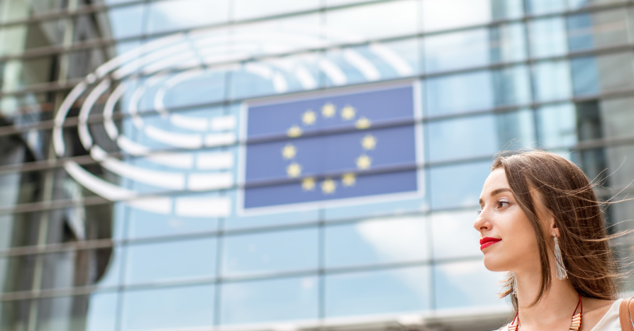 girl in front of EU parliament