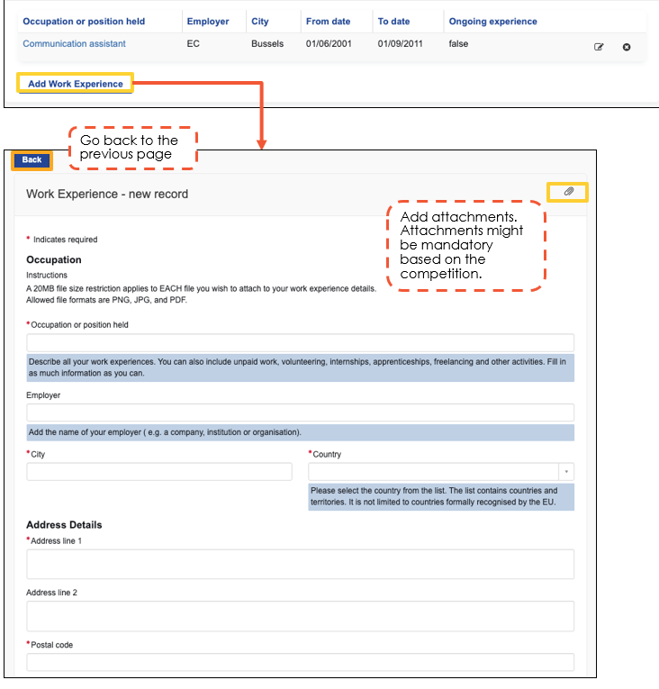 work experience data to insert