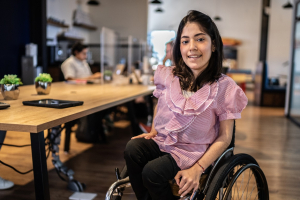 A woman in a wheelchair