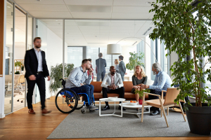 A diverse group of people having a conversation