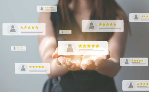 woman with testimonial reviews